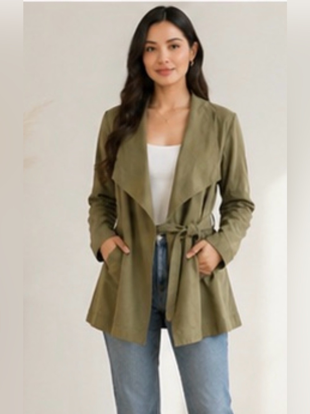 Love Tree Olive Green Tie Waist Jacket | Love Tree Medium Lightweight Trench Top